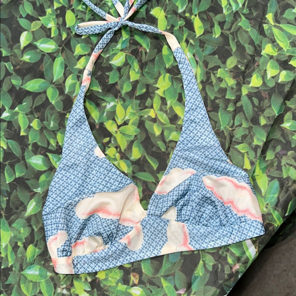 Vintage 70s Blue and Peach Clouds Halter Bikini Top coquette girl retro